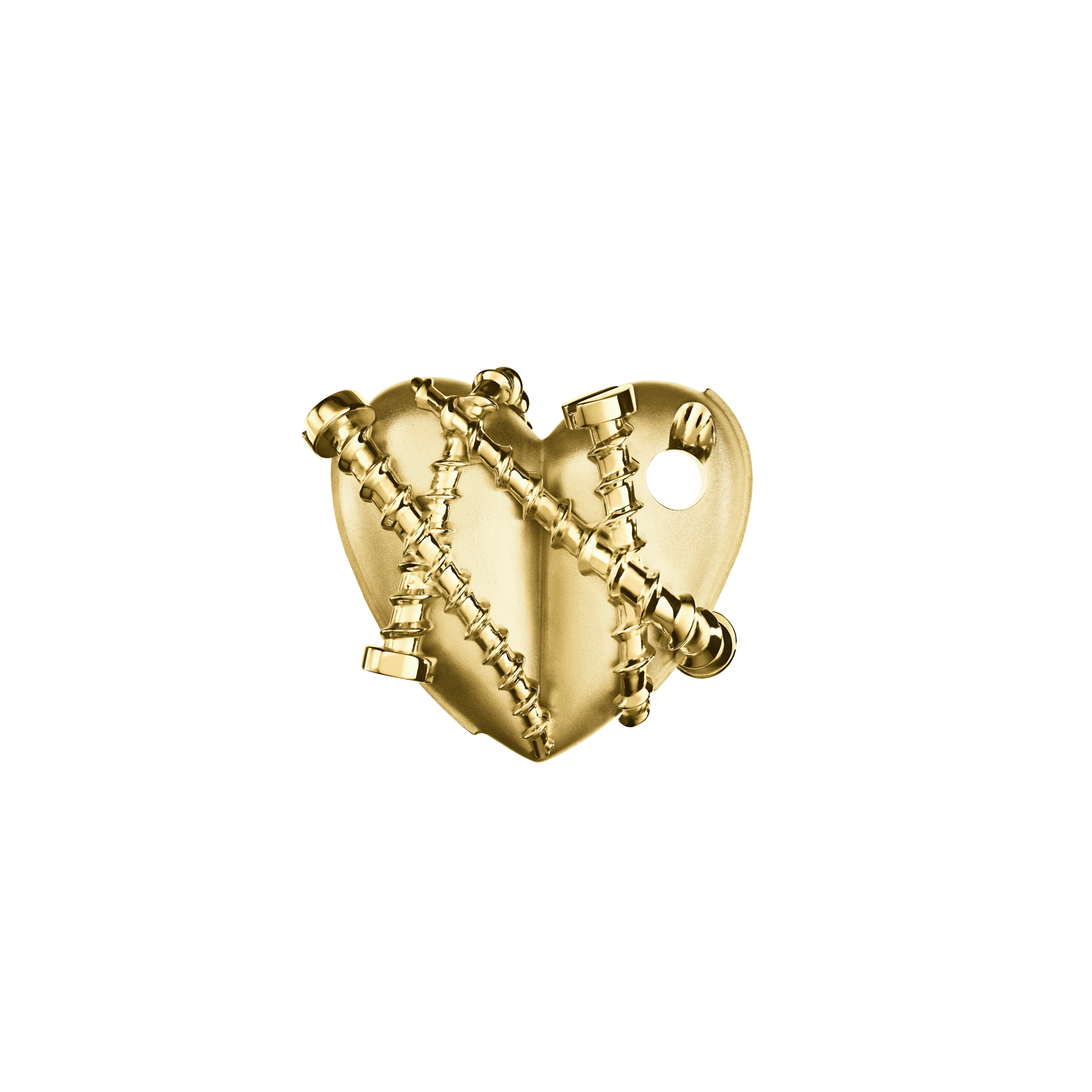 A detail of Bullet Hole Heart Pendant with Screws in Yellow Gold